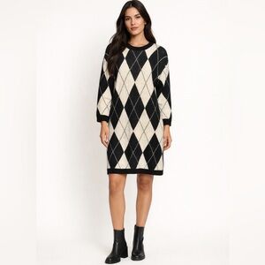 NWT Antonio Melani x Courtney Grow | Argyle Sweater Dress Black and Cream